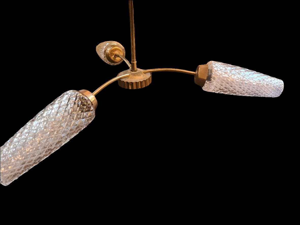 Lustre trois branches, laiton et globes en verre, années 50-70